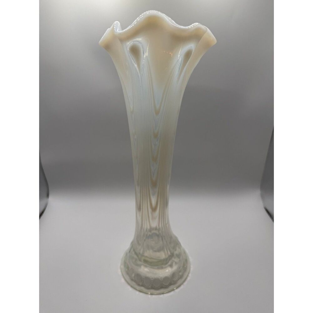 Antique Imperial Glass Co. "Beaded Bullseye" Pattern White Opalescent Swung Vase